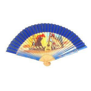 Vintage Handheld Folding Fan Spanish 1960s Flamenco Dancers Scene Blue Retro Fan